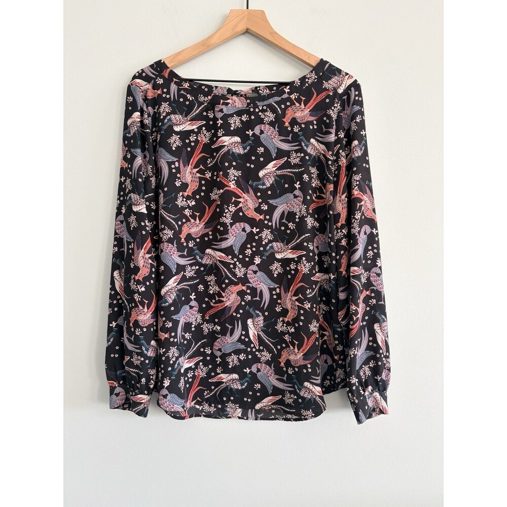 Ann Taylor Loft Bird Peacock Print Blouse Long Sleeve Womens Medium Tie Back